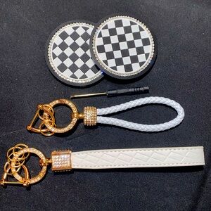 2 White Leather Keychain & Screwdriver.2 Black & White Cup Holders w/Rhinestones